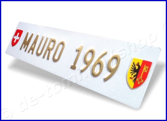 -Autoschild hinten Weiss 110x500 mm "Text Farbe Gold & Chr. 55mm